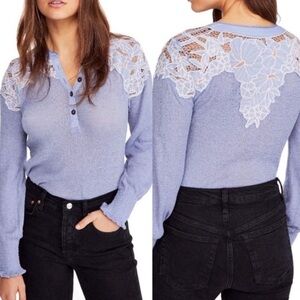 Free People Easy Breezy Henley Shirt Periwinkle Blue Appliqué Small Long Sleeve